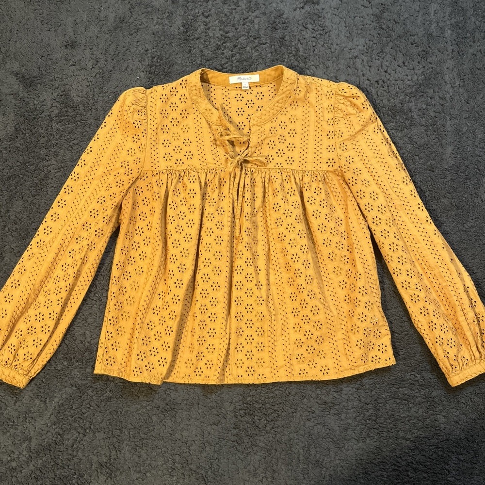 Madewell‎ Eyelet Peasant Top Women S Brown Tie Neck Boho Cottagecore